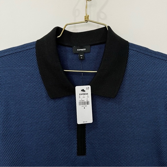 Express Zip Polo Navy and Black Shirt Textured Short Sleeve - Picture 4 of 6